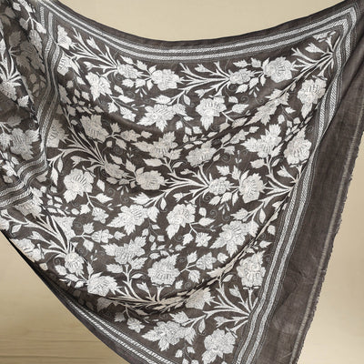 Black - Bengal Kantha Embroidery Handloom Tussar Silk Saree