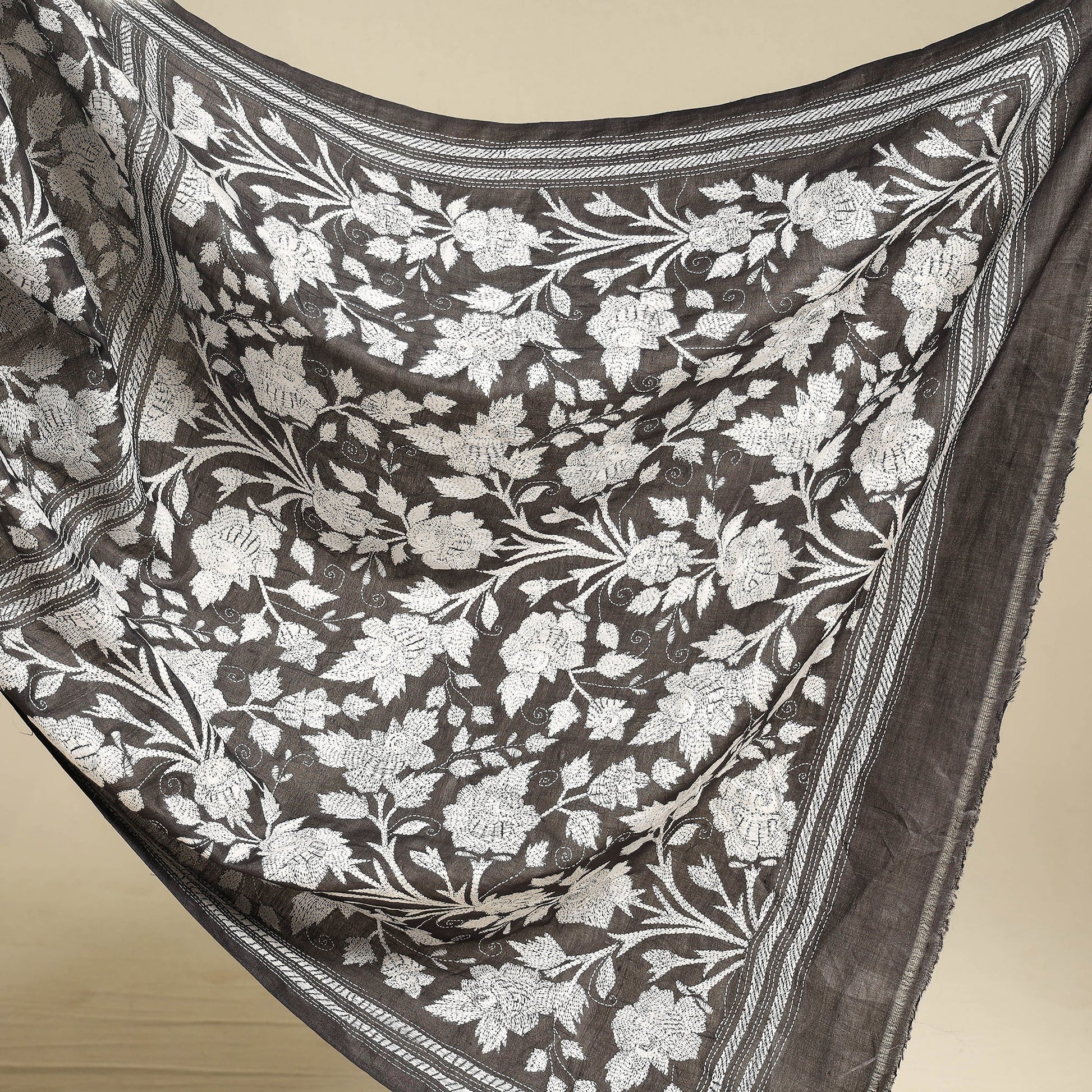 Black - Bengal Kantha Embroidery Handloom Tussar Silk Saree