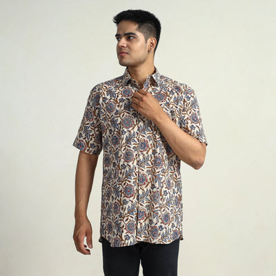 Beige - Bagru Block Printed Cotton Men Half Sleeve Shirt 12