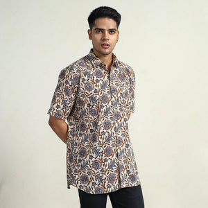 Beige - Bagru Block Printed Cotton Men Half Sleeve Shirt 12