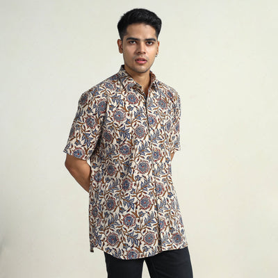 Beige - Bagru Block Printed Cotton Men Half Sleeve Shirt 12