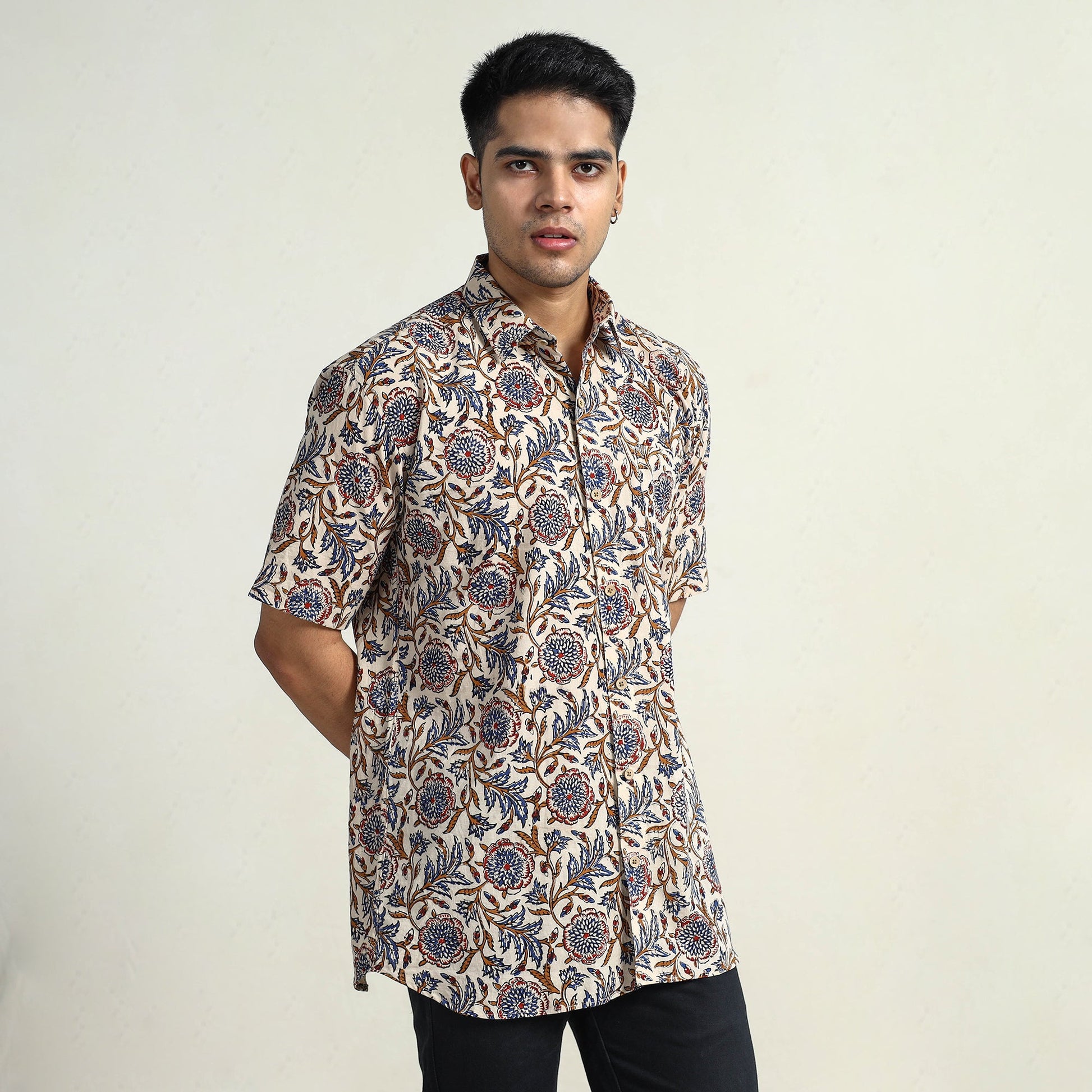 Beige - Bagru Block Printed Cotton Men Half Sleeve Shirt 12