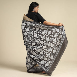 Black - Bengal Kantha Embroidery Handloom Tussar Silk Saree