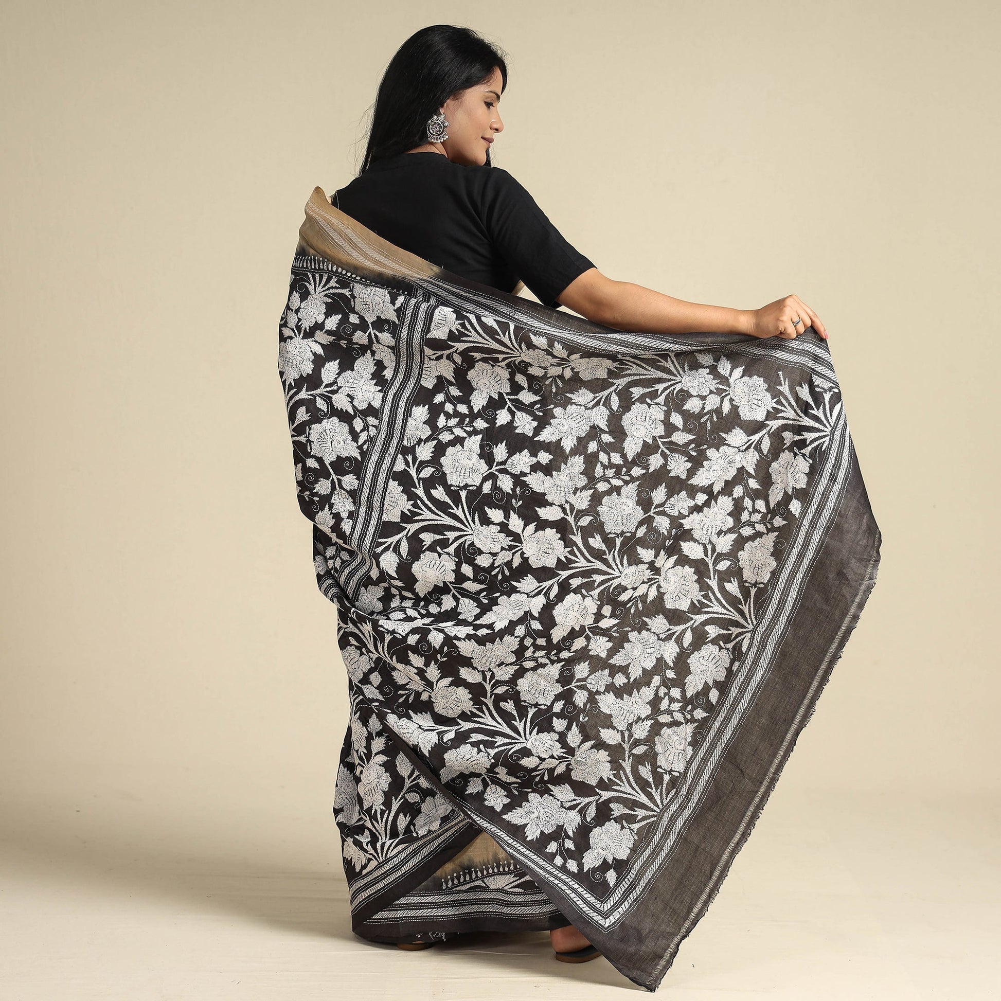 Black - Bengal Kantha Embroidery Handloom Tussar Silk Saree