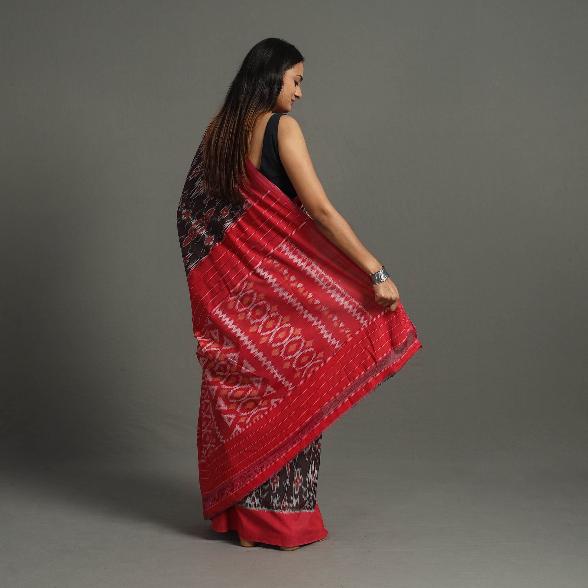 Brown - Mercerised Cotton Handloom Pochampally Ikat Saree 44