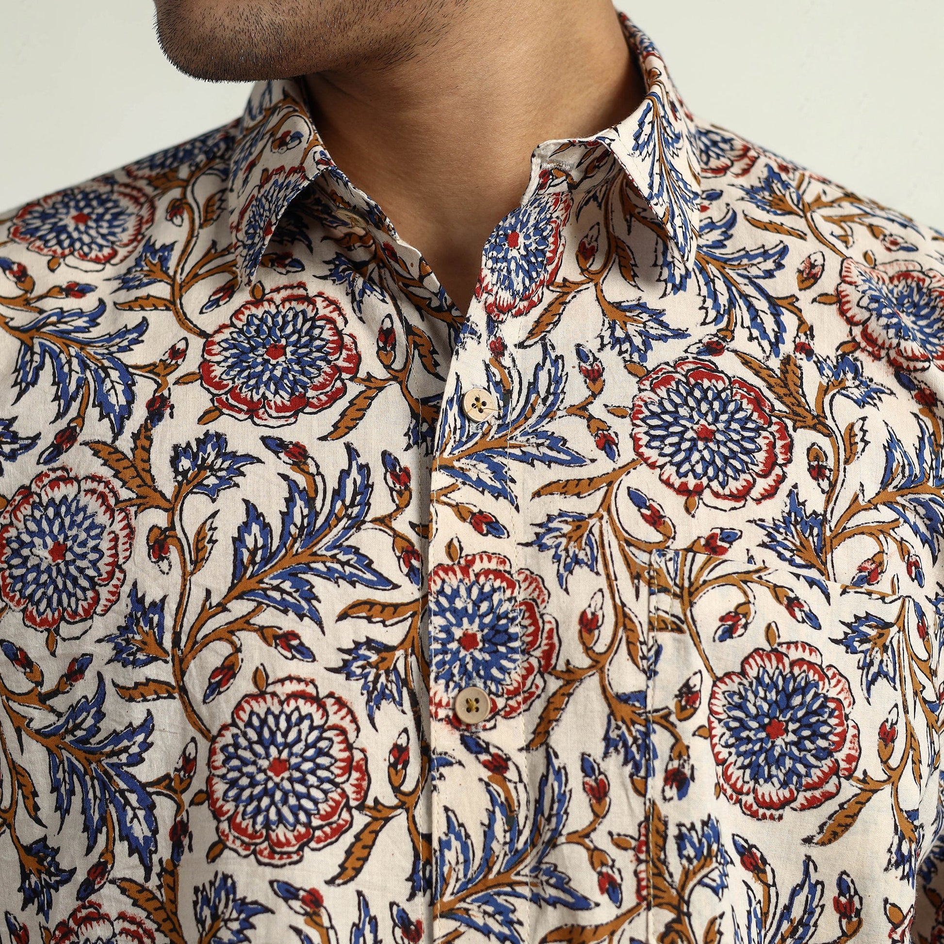 Beige - Bagru Block Printed Cotton Men Half Sleeve Shirt 12