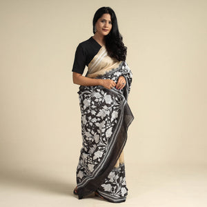 Black - Bengal Kantha Embroidery Handloom Tussar Silk Saree