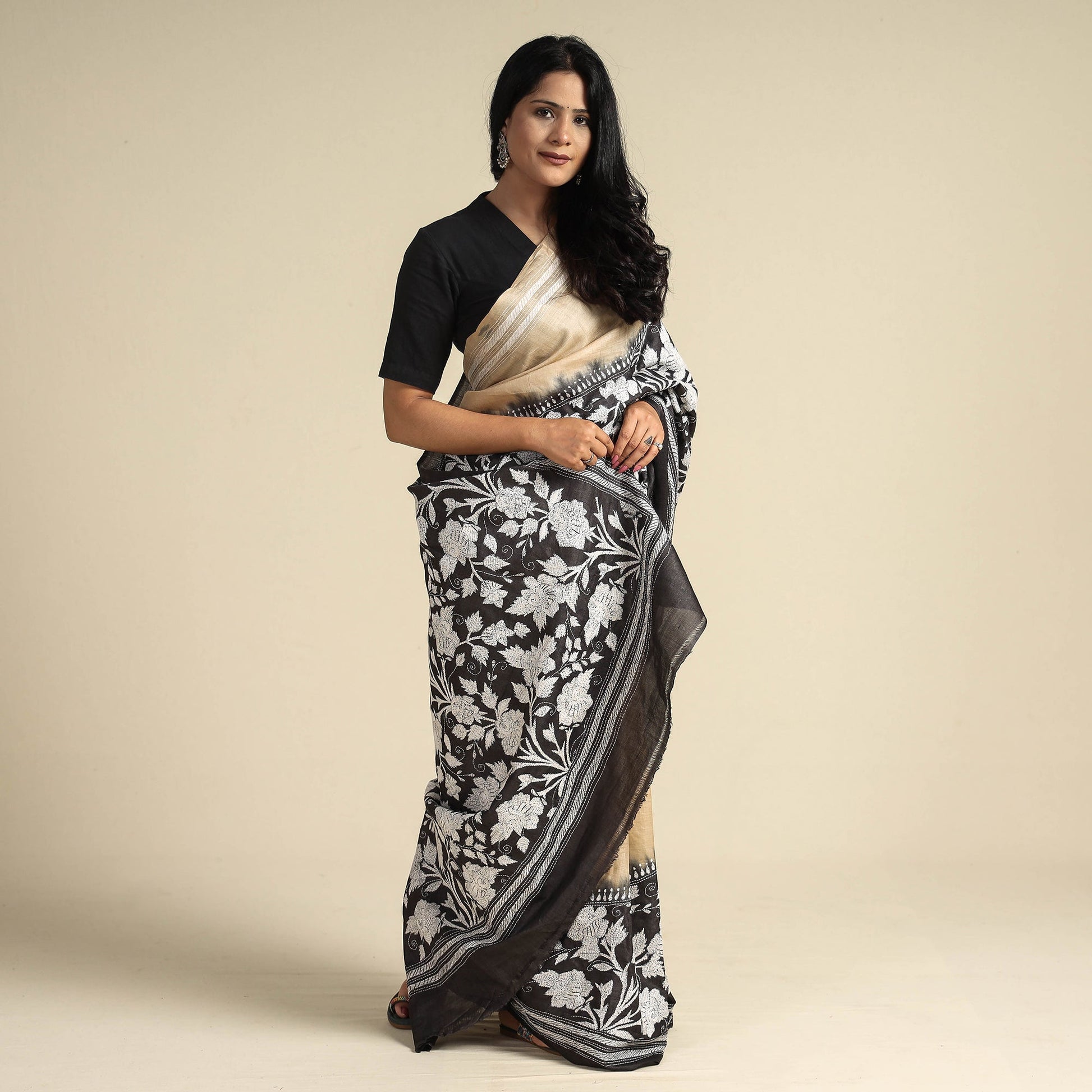 Black - Bengal Kantha Embroidery Handloom Tussar Silk Saree