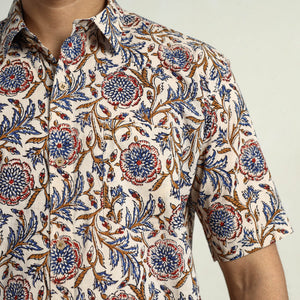Beige - Bagru Block Printed Cotton Men Half Sleeve Shirt 12