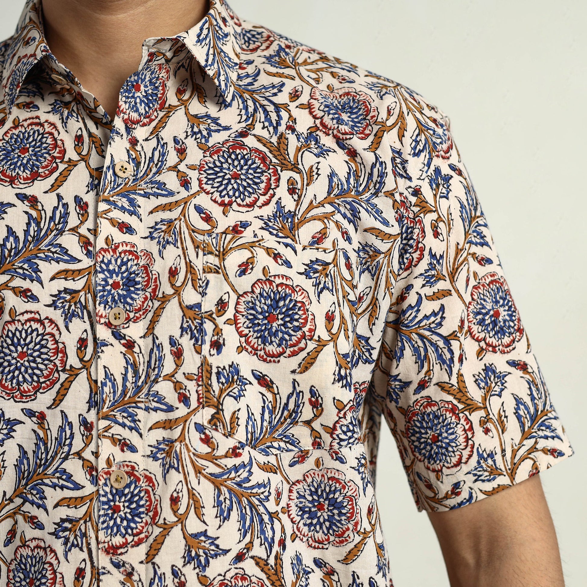 Beige - Bagru Block Printed Cotton Men Half Sleeve Shirt 12