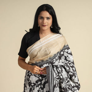 Black - Bengal Kantha Embroidery Handloom Tussar Silk Saree