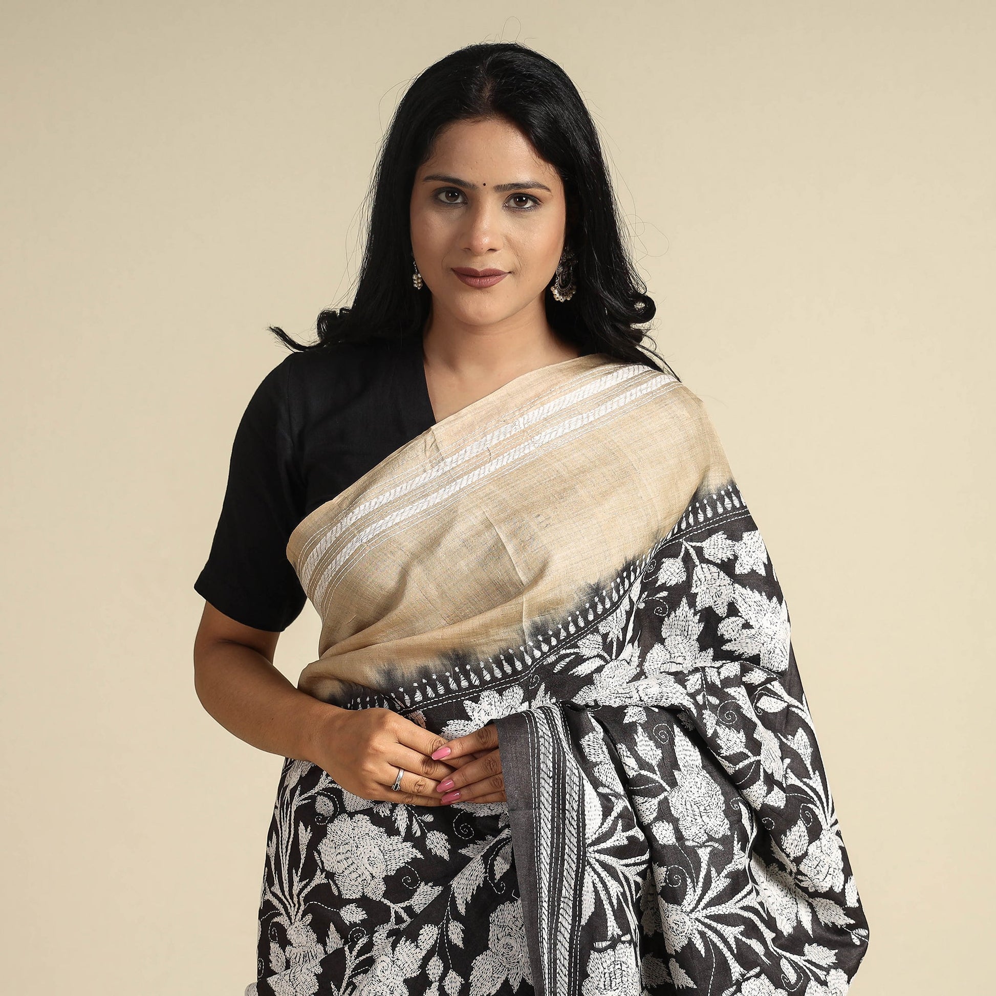 Black - Bengal Kantha Embroidery Handloom Tussar Silk Saree