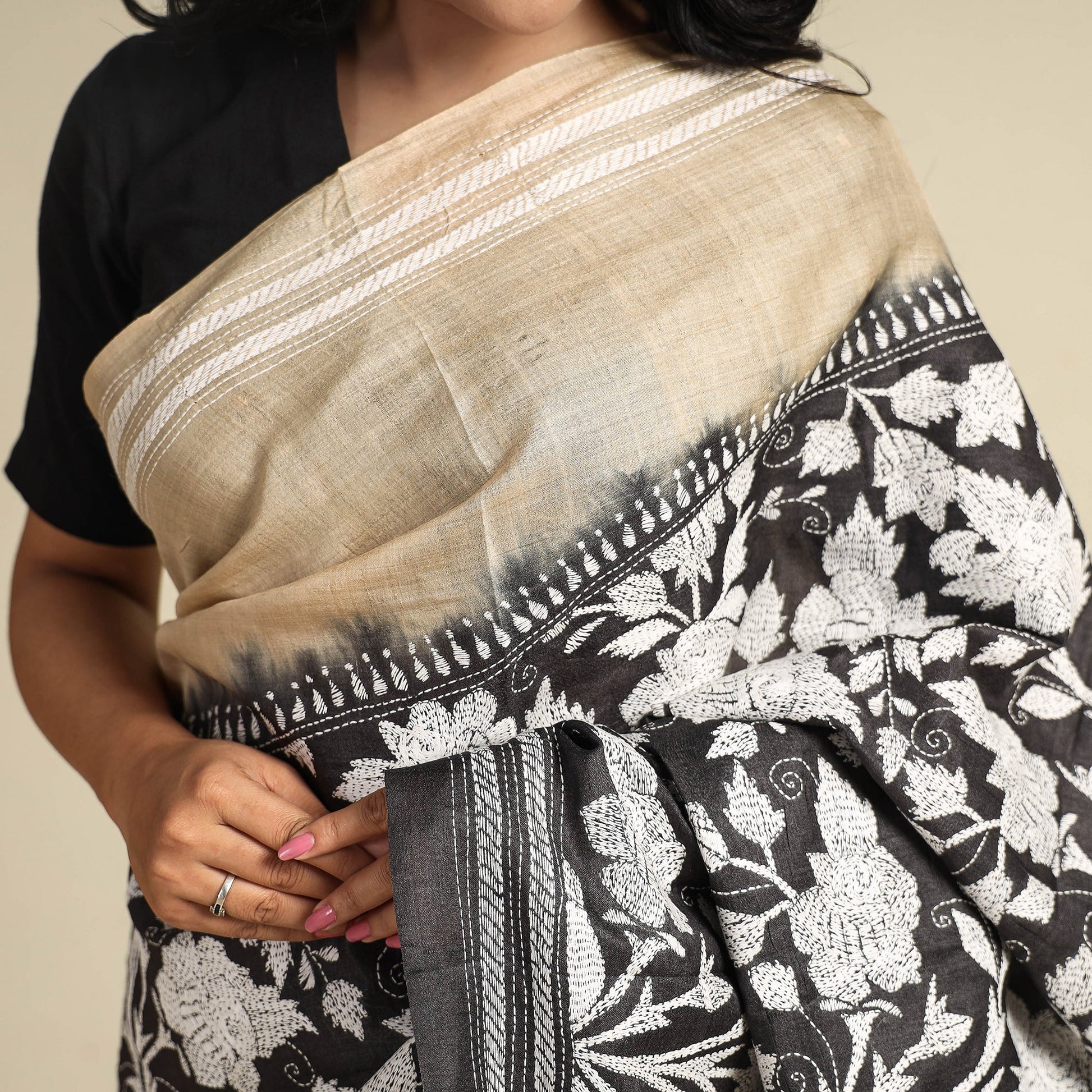 Black - Bengal Kantha Embroidery Handloom Tussar Silk Saree
