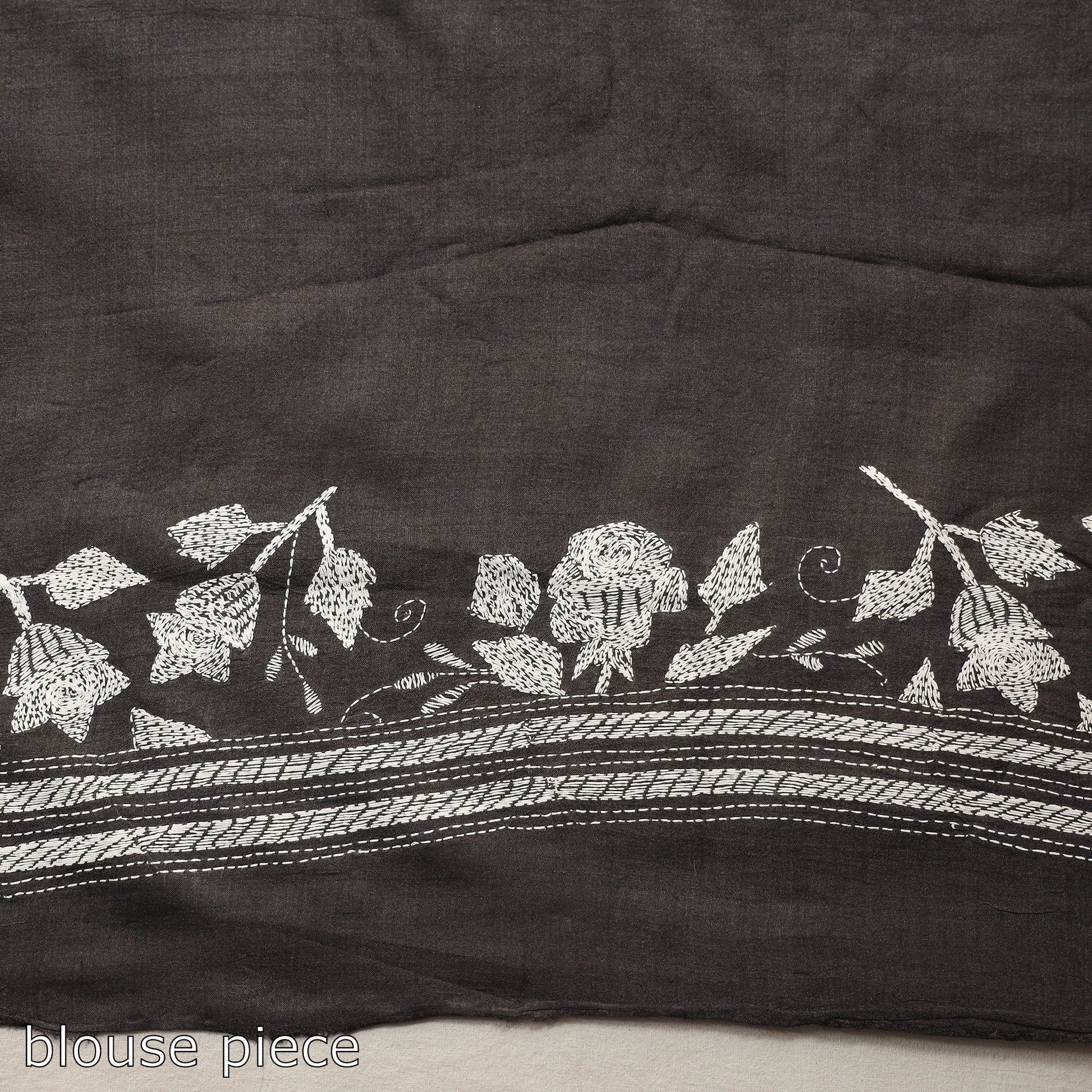 Black - Bengal Kantha Embroidery Handloom Tussar Silk Saree