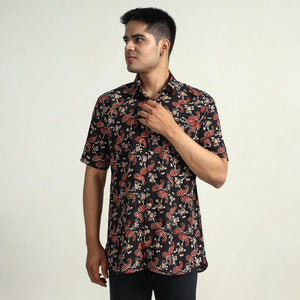 Black - Bagru Block Printed Cotton Men Half Sleeve Shirt 10