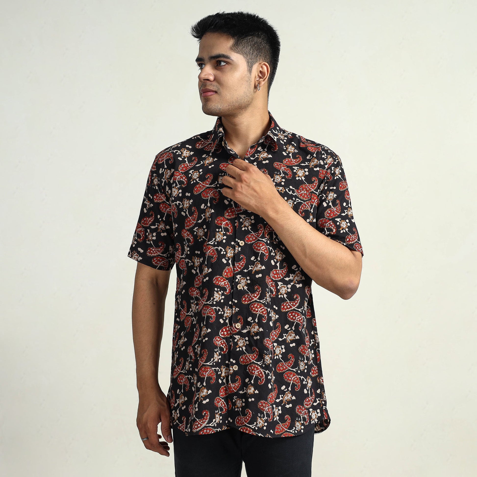 Black - Bagru Block Printed Cotton Men Half Sleeve Shirt 10
