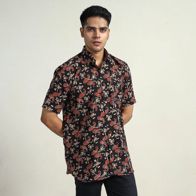 Black - Bagru Block Printed Cotton Men Half Sleeve Shirt 10