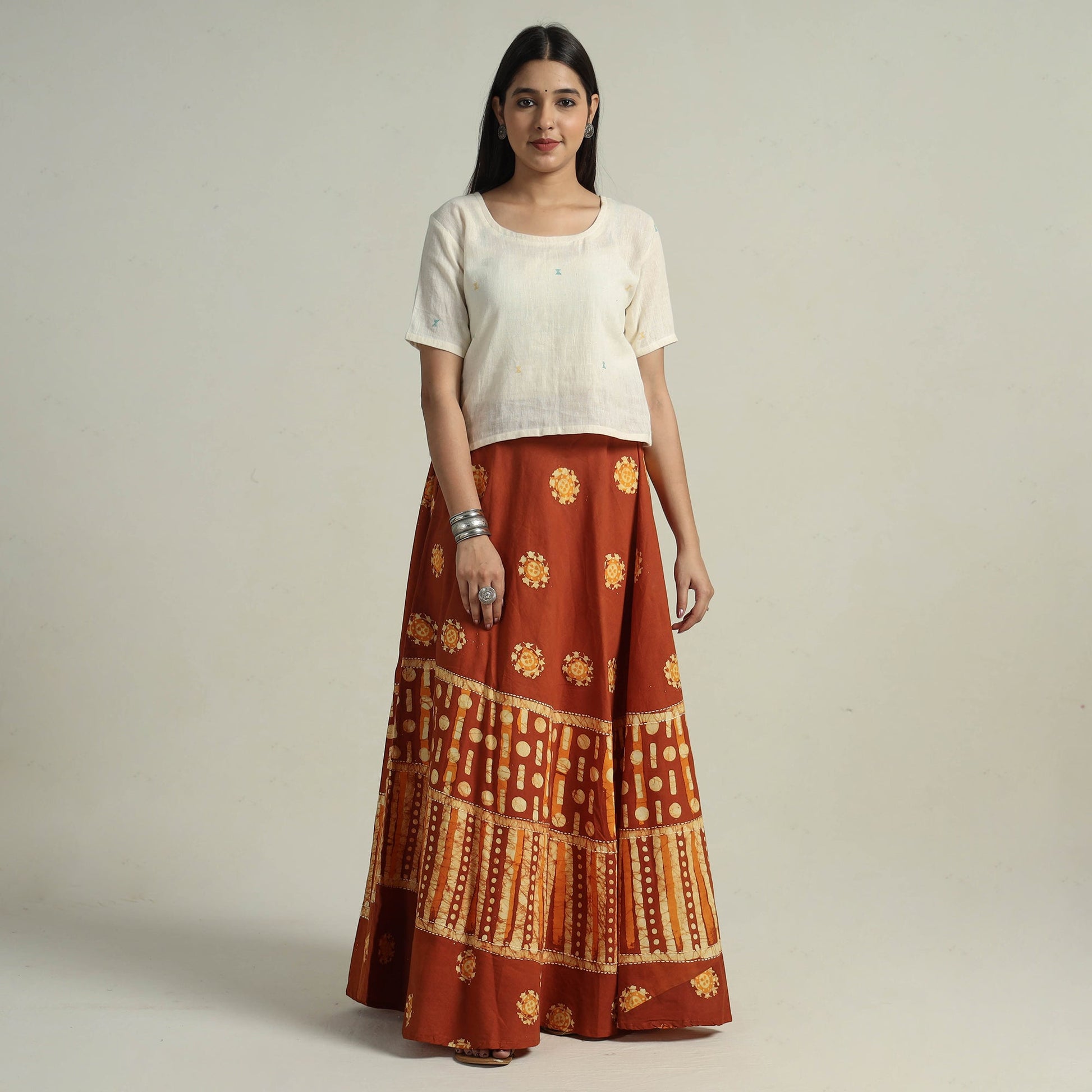 Brown - Hand Batik Printed Running Stitch Cotton Long Skirt 03