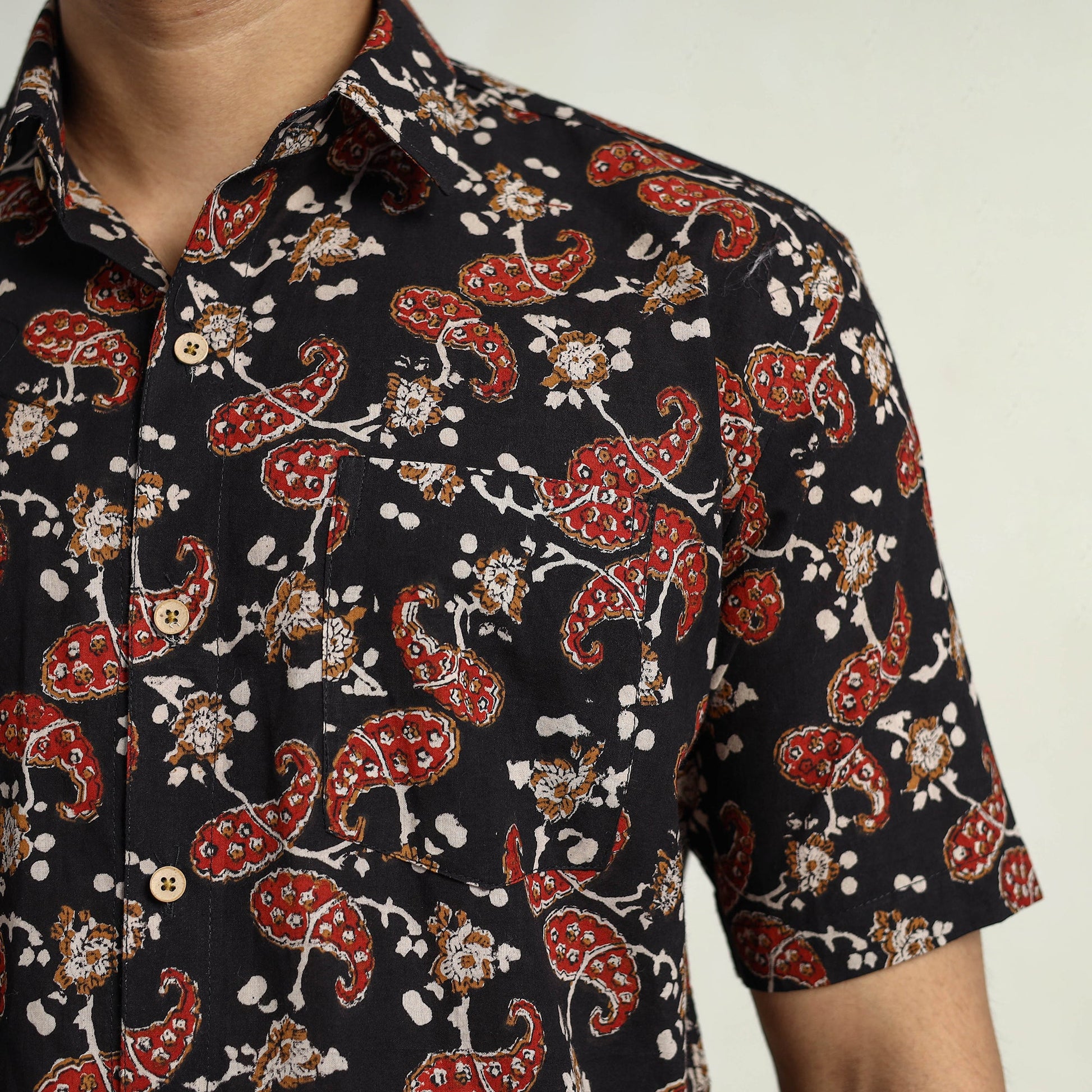 Black - Bagru Block Printed Cotton Men Half Sleeve Shirt 10