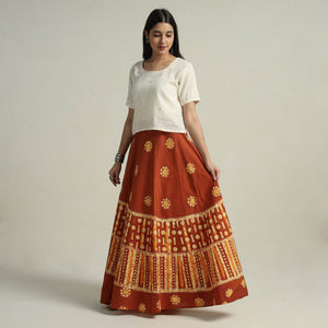 Brown - Hand Batik Printed Running Stitch Cotton Long Skirt 03