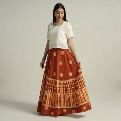 Brown - Hand Batik Printed Running Stitch Cotton Long Skirt 03