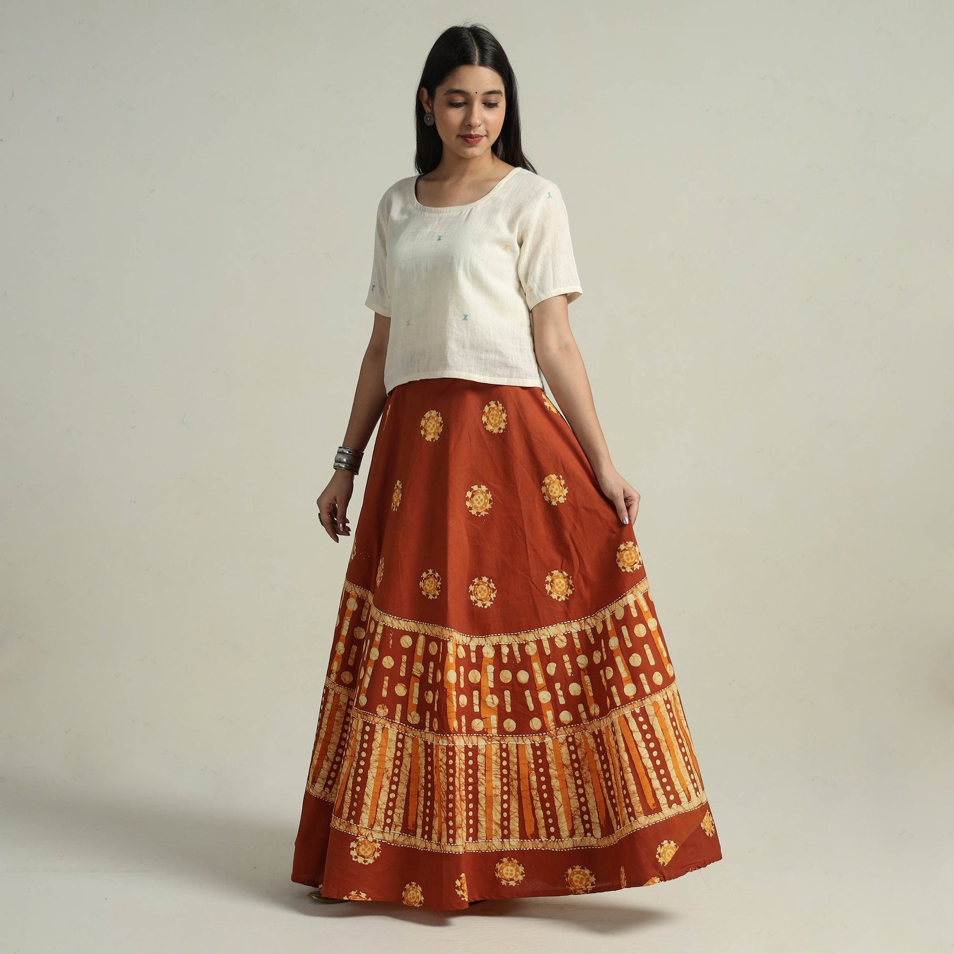 Brown - Hand Batik Printed Running Stitch Cotton Long Skirt 03