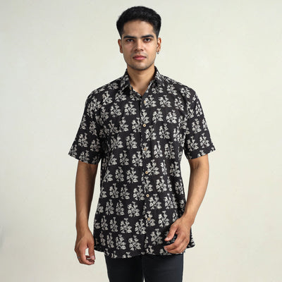 Black - Bagru Block Printed Cotton Men Half Sleeve Shirt 11