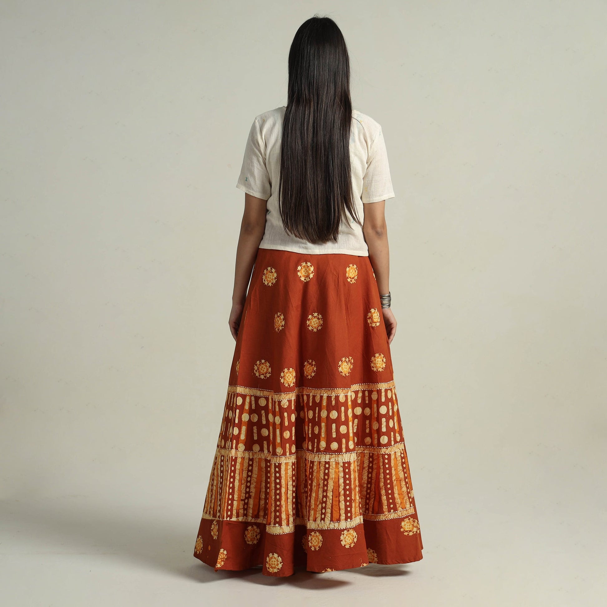 Brown - Hand Batik Printed Running Stitch Cotton Long Skirt 03