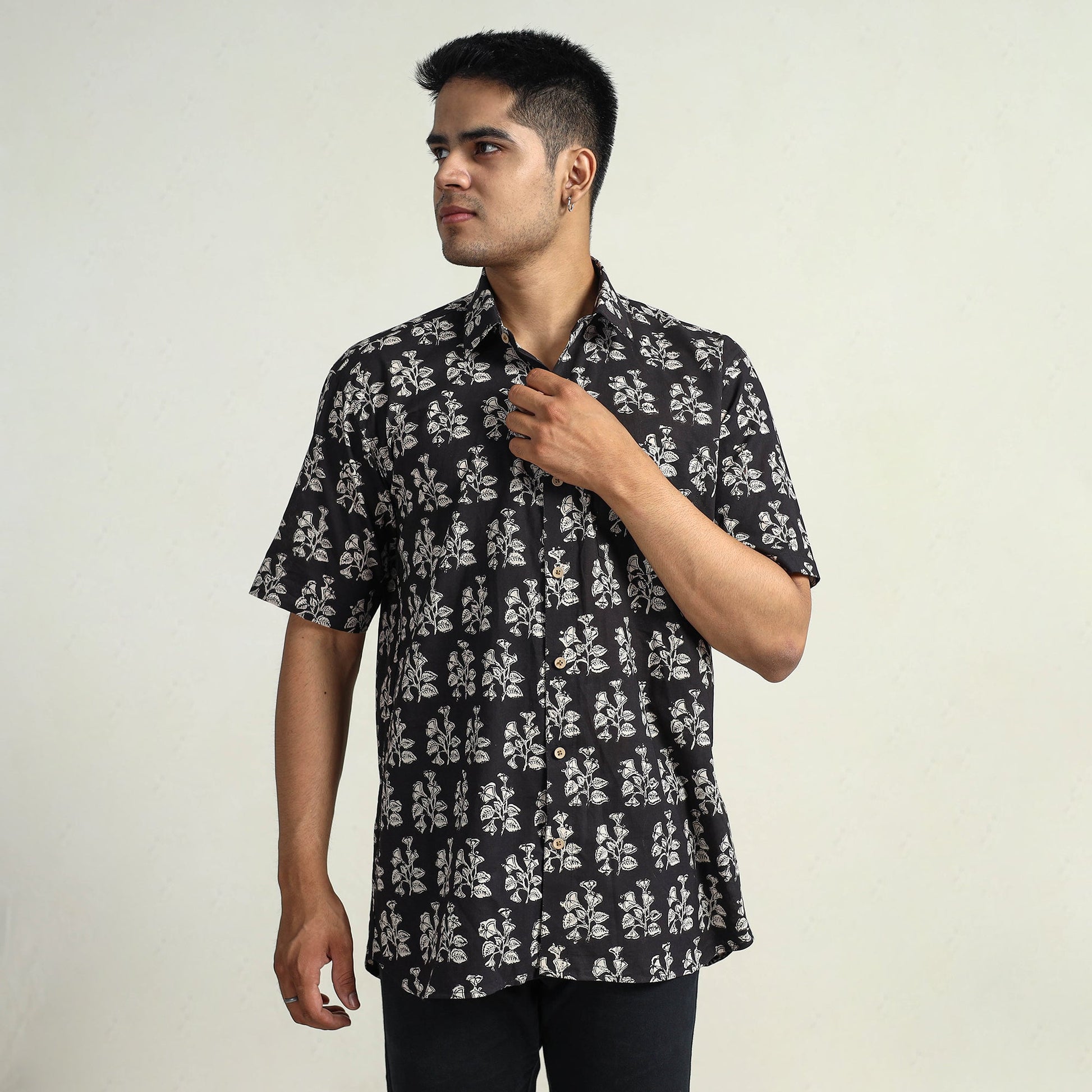 Black - Bagru Block Printed Cotton Men Half Sleeve Shirt 11