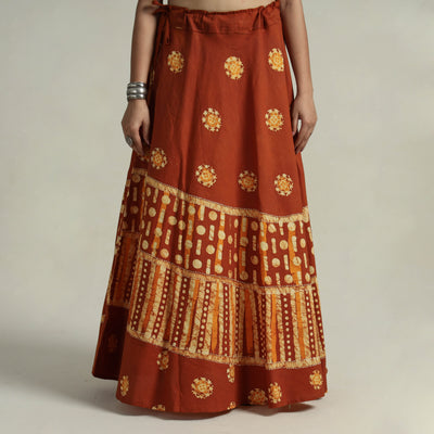 Brown - Hand Batik Printed Running Stitch Cotton Long Skirt 03