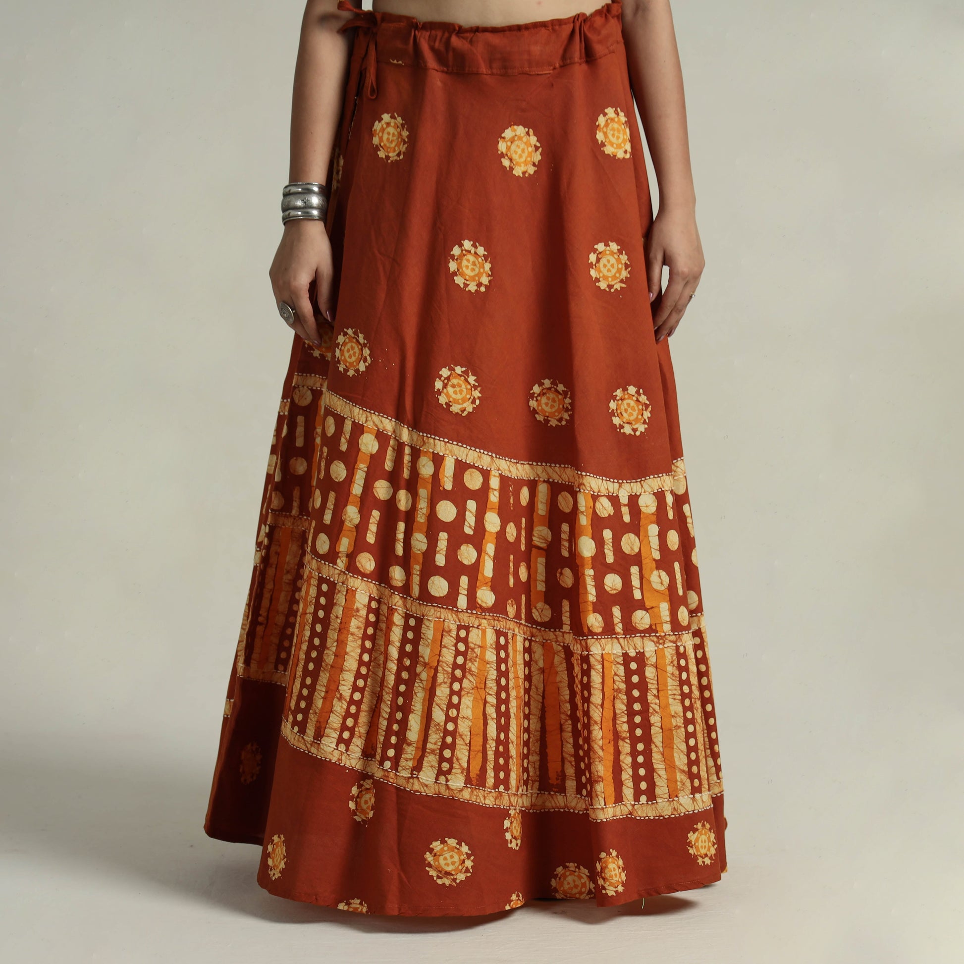 Brown - Hand Batik Printed Running Stitch Cotton Long Skirt 03