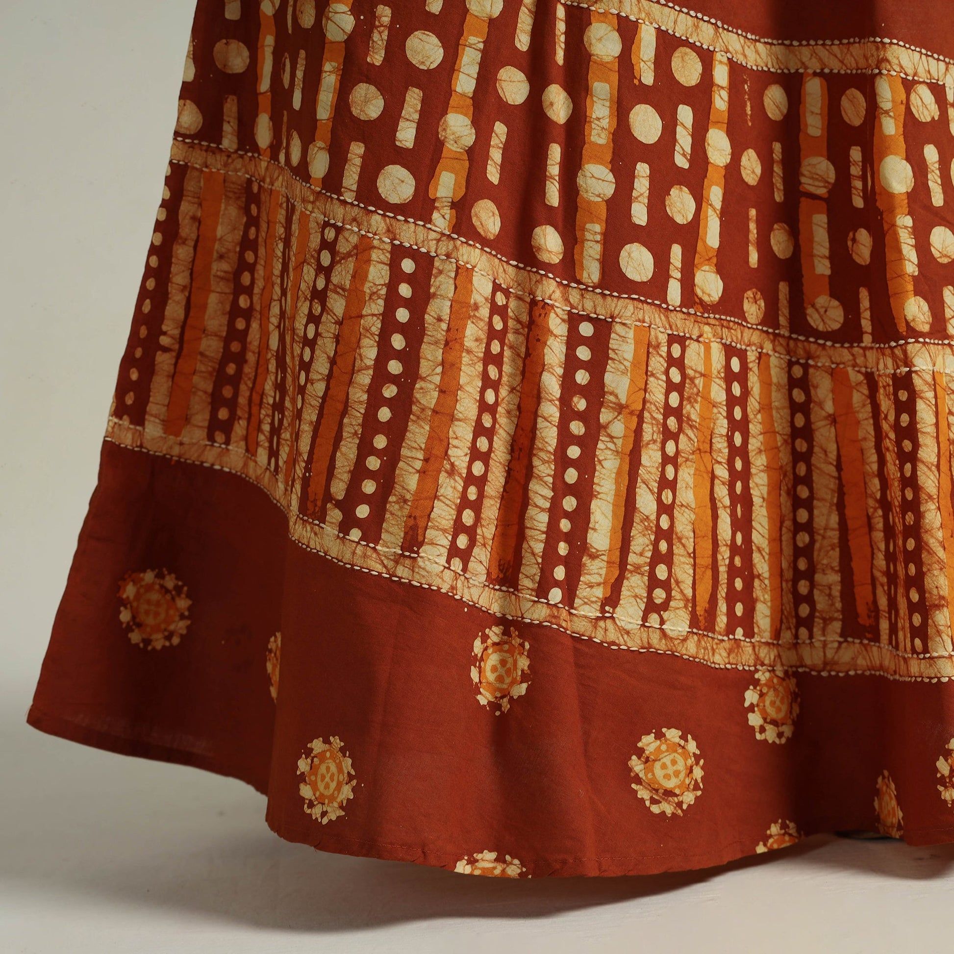 Brown - Hand Batik Printed Running Stitch Cotton Long Skirt 03
