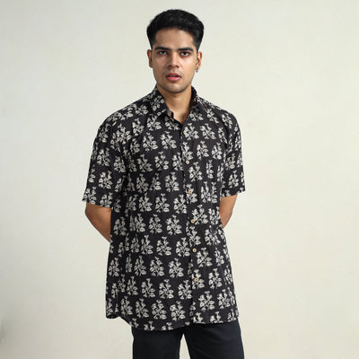 Black - Bagru Block Printed Cotton Men Half Sleeve Shirt 11