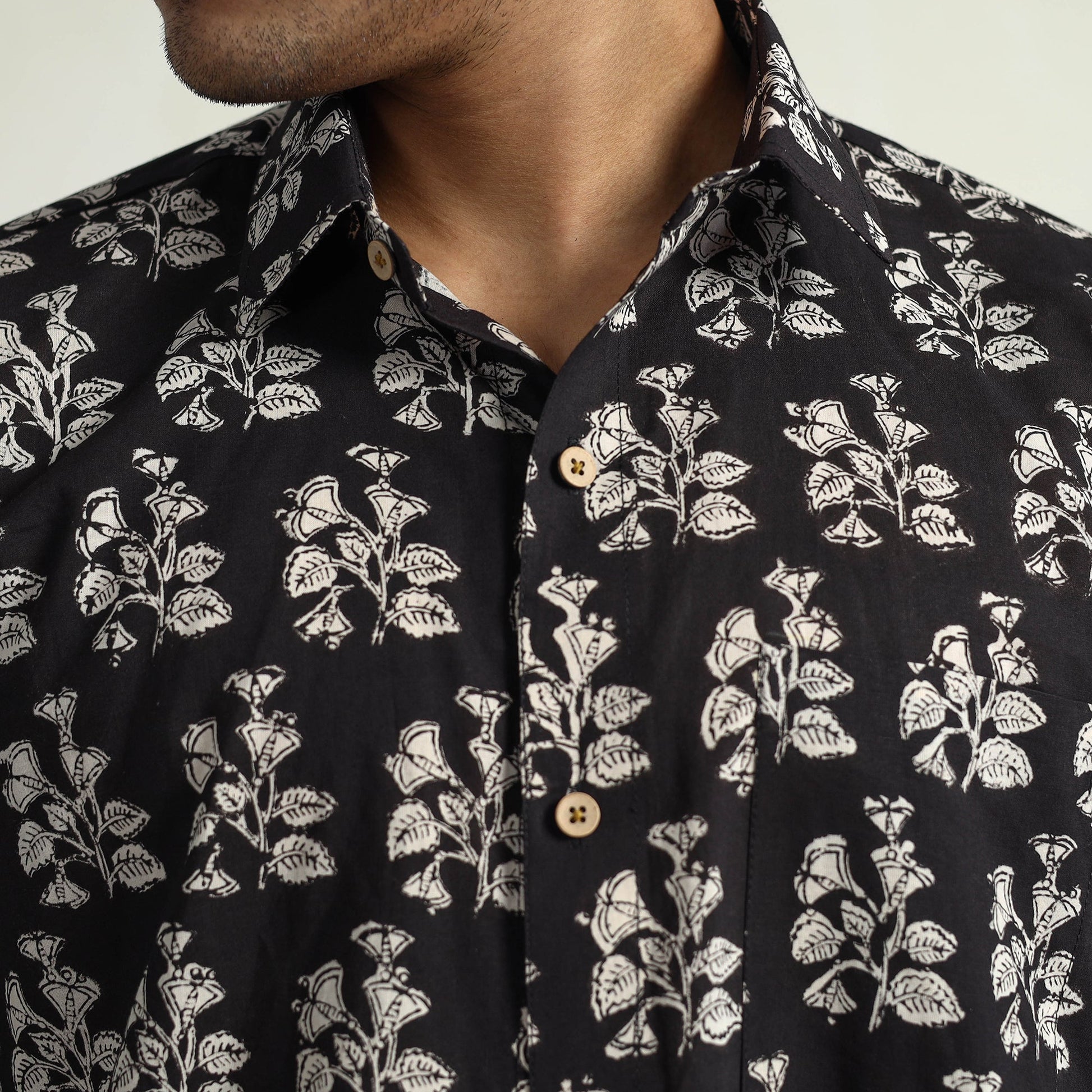 Black - Bagru Block Printed Cotton Men Half Sleeve Shirt 11