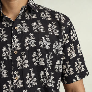 Black - Bagru Block Printed Cotton Men Half Sleeve Shirt 11