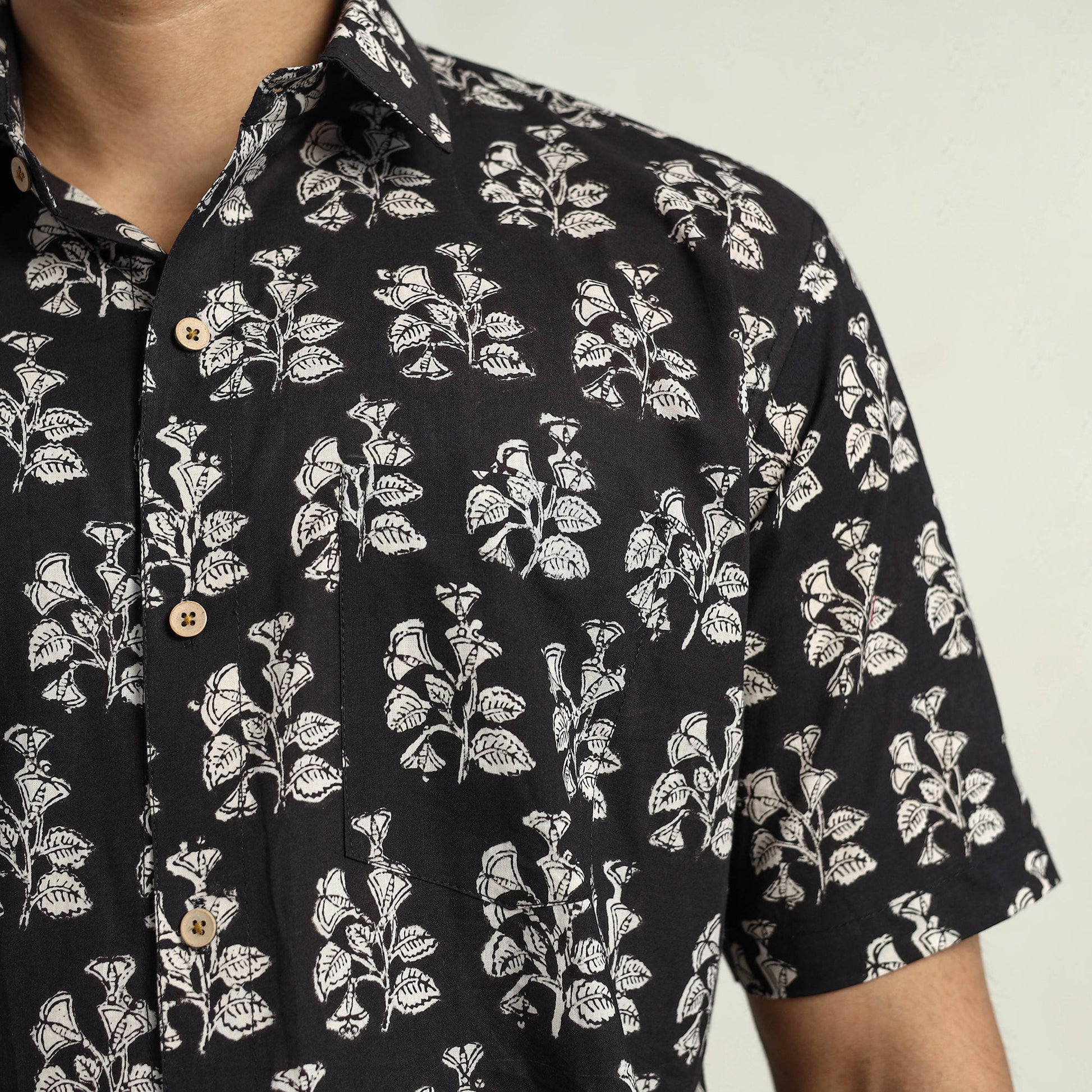 Black - Bagru Block Printed Cotton Men Half Sleeve Shirt 11