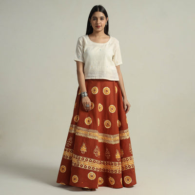 Brown - Hand Batik Printed Running Stitch Cotton Long Skirt 06