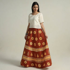 Brown - Hand Batik Printed Running Stitch Cotton Long Skirt 06