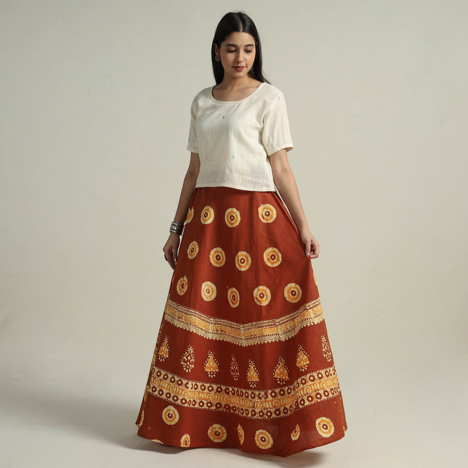 Brown - Hand Batik Printed Running Stitch Cotton Long Skirt 06