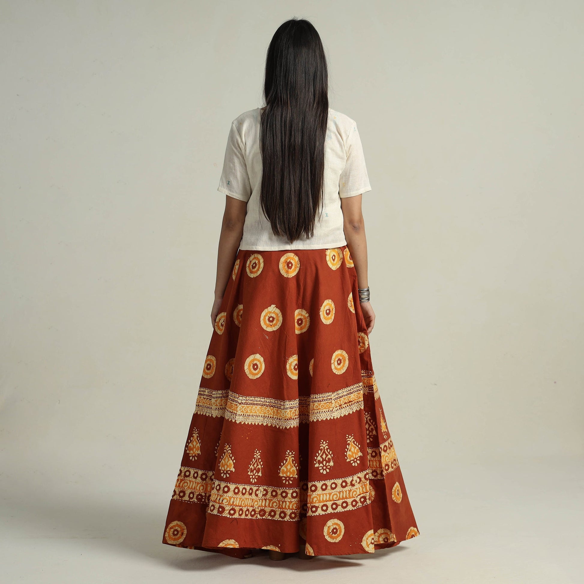 Brown - Hand Batik Printed Running Stitch Cotton Long Skirt 06