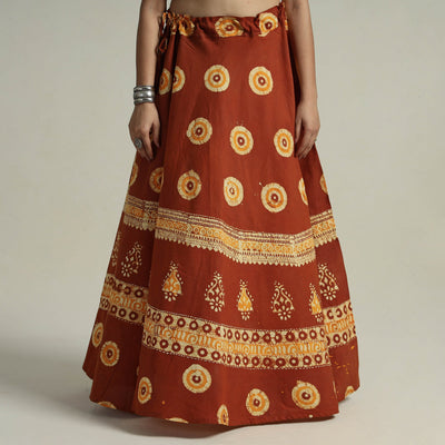 Brown - Hand Batik Printed Running Stitch Cotton Long Skirt 06