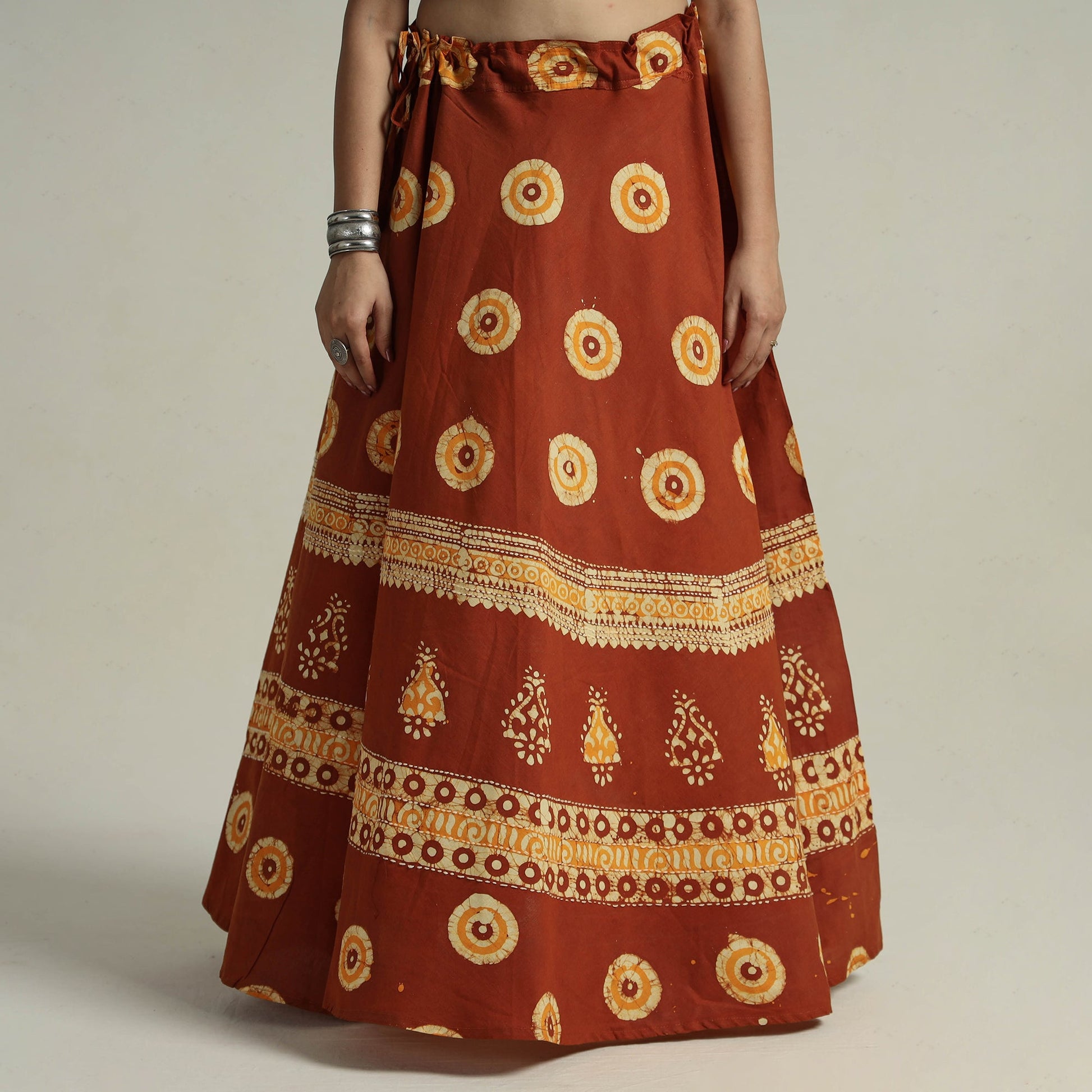 Brown - Hand Batik Printed Running Stitch Cotton Long Skirt 06