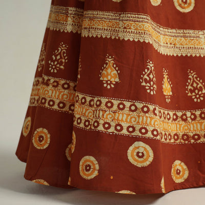 Brown - Hand Batik Printed Running Stitch Cotton Long Skirt 06