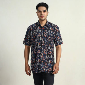 Black - Bagru Block Printed Cotton Men Half Sleeve Shirt 06