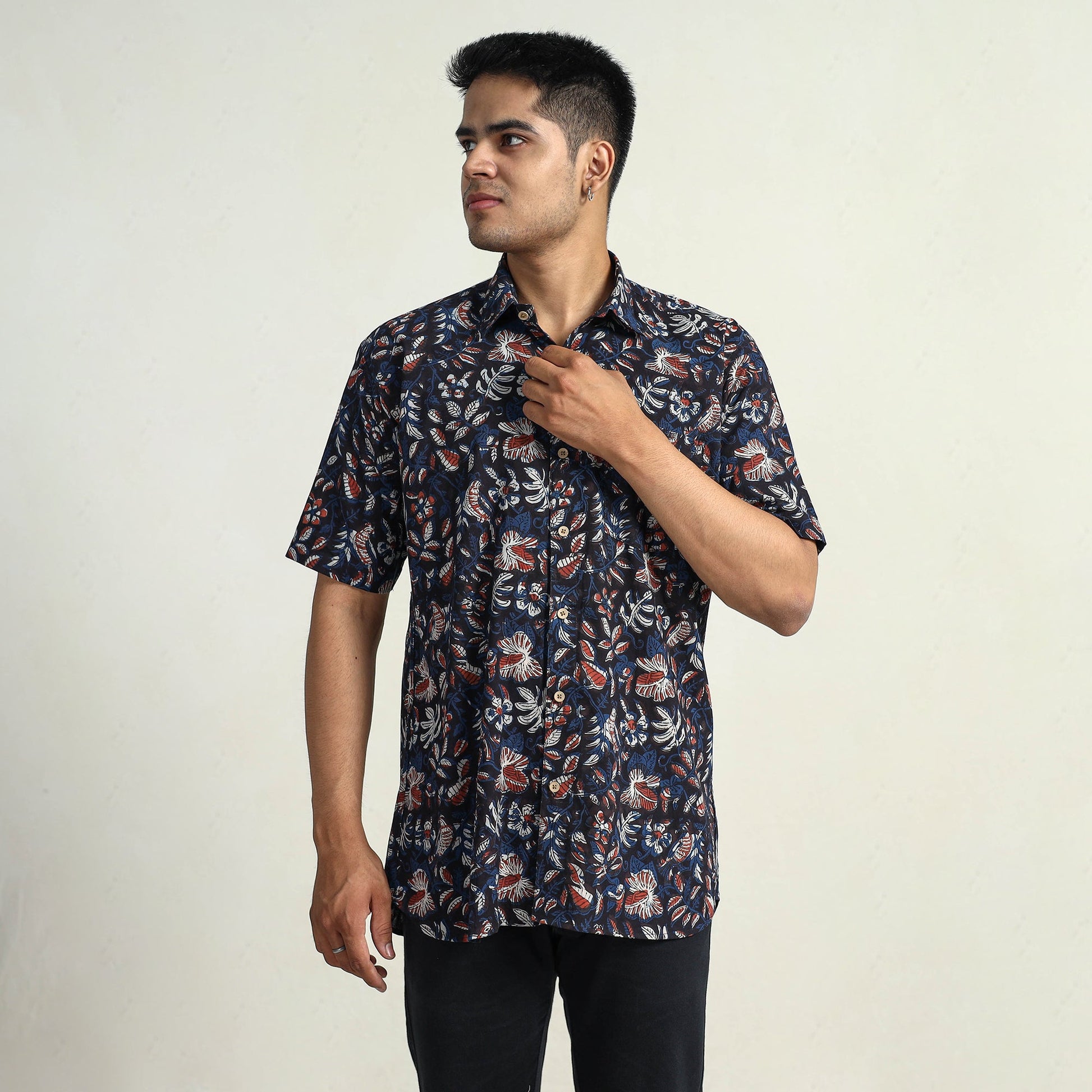 Black - Bagru Block Printed Cotton Men Half Sleeve Shirt 06
