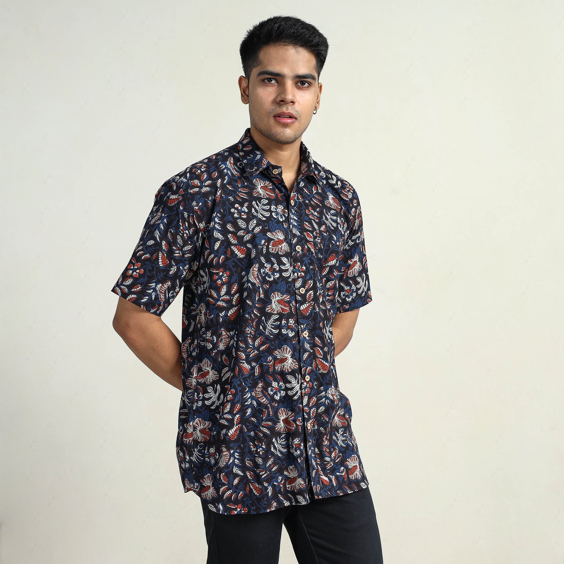 Black - Bagru Block Printed Cotton Men Half Sleeve Shirt 06