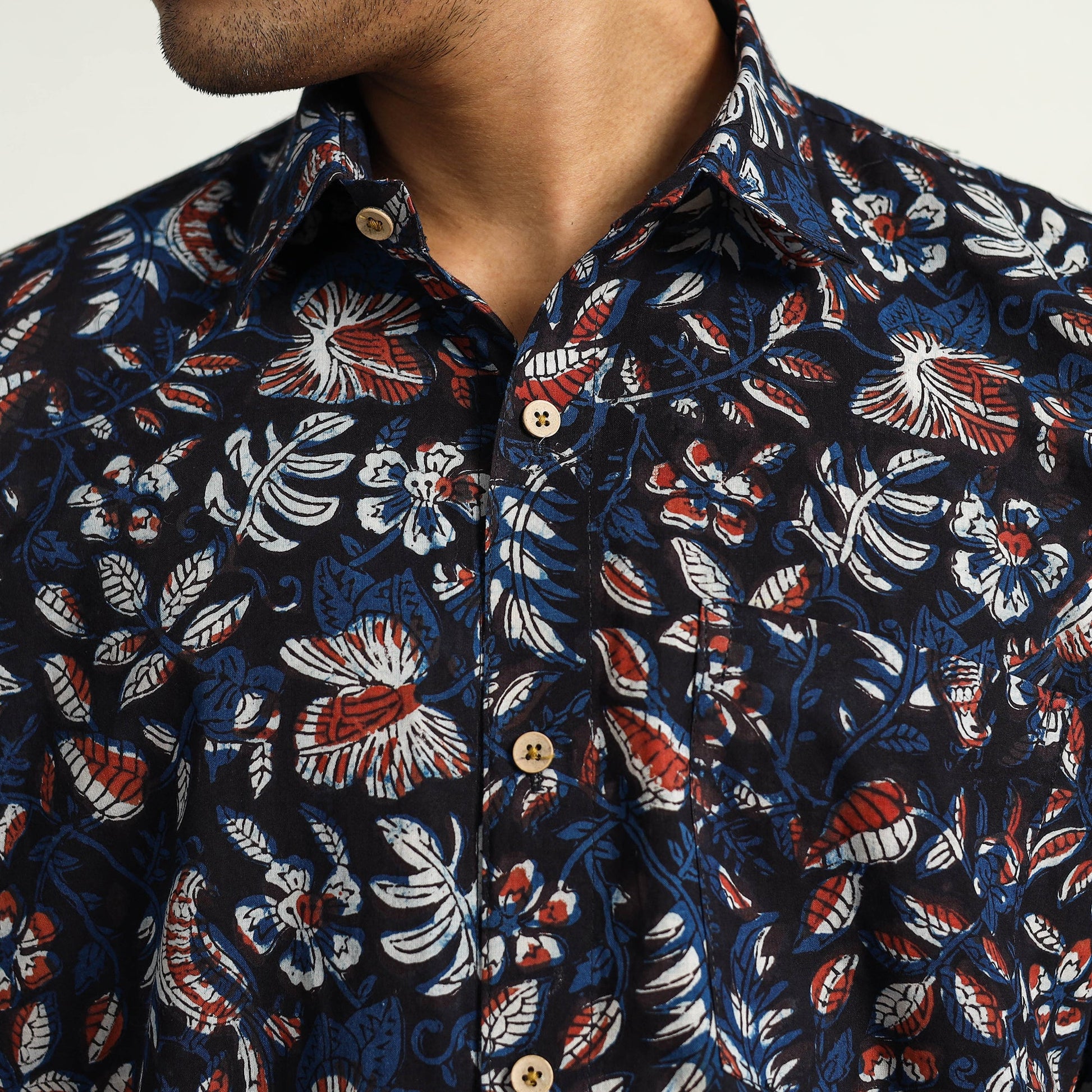 Black - Bagru Block Printed Cotton Men Half Sleeve Shirt 06