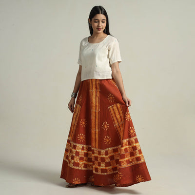 Brown - Hand Batik Printed Running Stitch Cotton Long Skirt 11
