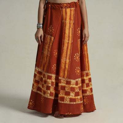 Brown - Hand Batik Printed Running Stitch Cotton Long Skirt 11