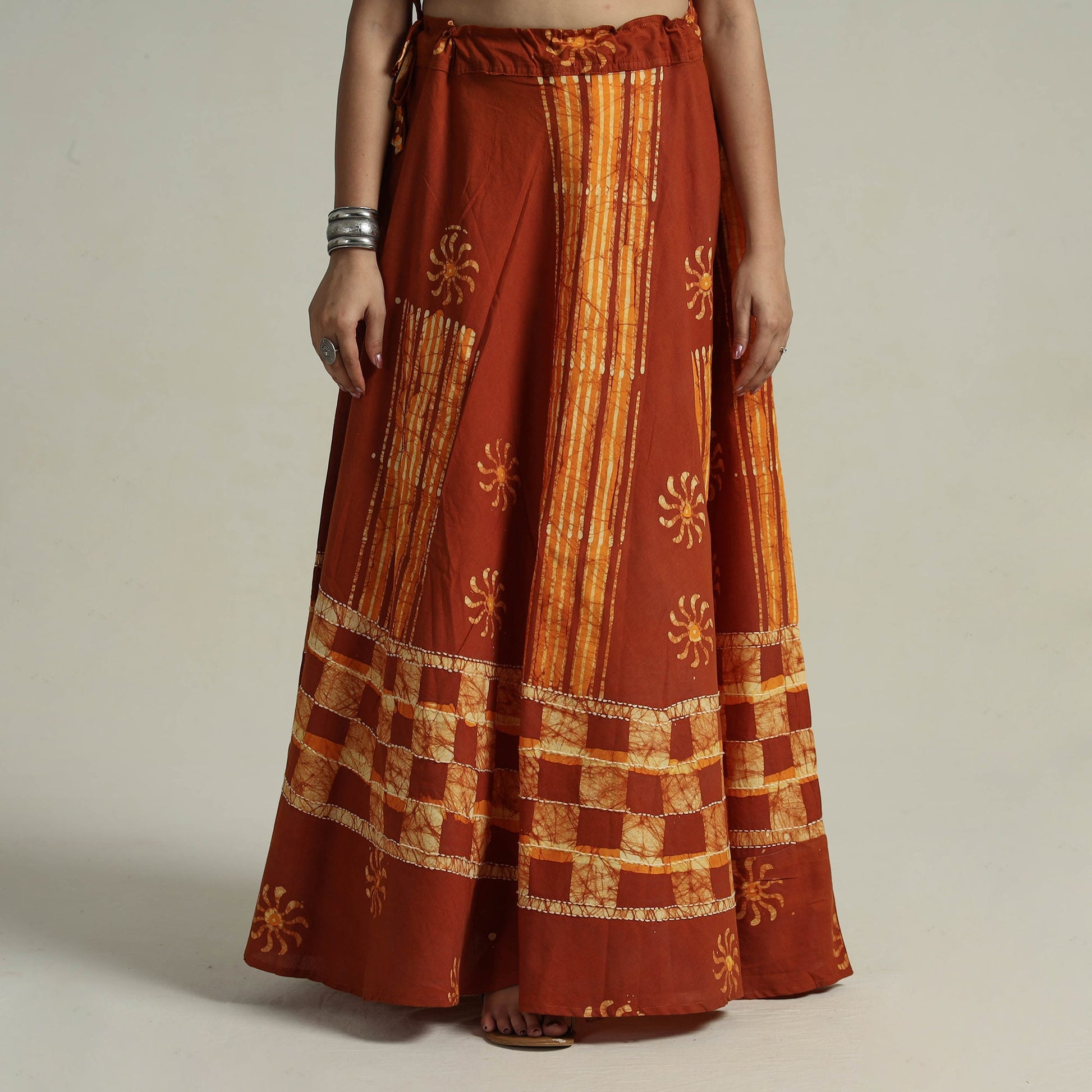 Brown - Hand Batik Printed Running Stitch Cotton Long Skirt 11